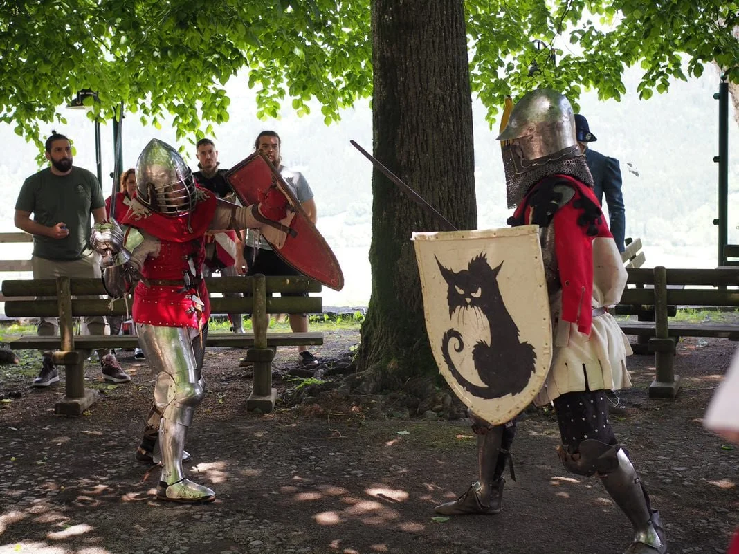 Two knights in armor fighting in a park.